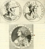 An illustration from Aquila Saxonica : sub qua imperatores Saxones ab Henrico Aucupe, vsquè ad Henricum Sanctum Occidentis imperatorem XV. elogiis, hieroglyphicis, numismatibus, insignibus, symbolis, imaginibus antiquis ad viuum exhibentur exculpti, & longa historiarum serie exarati : vt nihil relictum sit, quod prisci, vel hodierni habeant annales, sed diplomata, leges, indulta, genealogiae, donationes, priuilegia offeruntur congesta : accedit cuique Caesarum tractatus sacrolegalis & historicopoliticus ... (1673)