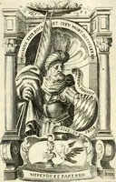 An illustration from Aquila Saxonica : sub qua imperatores Saxones ab Henrico Aucupe, vsquè ad Henricum Sanctum Occidentis imperatorem XV. elogiis, hieroglyphicis, numismatibus, insignibus, symbolis, imaginibus antiquis ad viuum exhibentur exculpti, & longa historiarum serie exarati : vt nihil relictum sit, quod prisci, vel hodierni habeant annales, sed diplomata, leges, indulta, genealogiae, donationes, priuilegia offeruntur congesta : accedit cuique Caesarum tractatus sacrolegalis & historicopoliticus ... (1673)