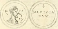 An illustration from Aquila Saxonica : sub qua imperatores Saxones ab Henrico Aucupe, vsquè ad Henricum Sanctum Occidentis imperatorem XV. elogiis, hieroglyphicis, numismatibus, insignibus, symbolis, imaginibus antiquis ad viuum exhibentur exculpti, & longa historiarum serie exarati : vt nihil relictum sit, quod prisci, vel hodierni habeant annales, sed diplomata, leges, indulta, genealogiae, donationes, priuilegia offeruntur congesta : accedit cuique Caesarum tractatus sacrolegalis & historicopoliticus ... (1673)