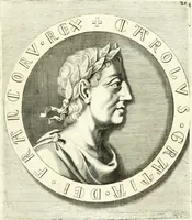 An illustration from Aquila Saxonica : sub qua imperatores Saxones ab Henrico Aucupe, vsquè ad Henricum Sanctum Occidentis imperatorem XV. elogiis, hieroglyphicis, numismatibus, insignibus, symbolis, imaginibus antiquis ad viuum exhibentur exculpti, & longa historiarum serie exarati : vt nihil relictum sit, quod prisci, vel hodierni habeant annales, sed diplomata, leges, indulta, genealogiae, donationes, priuilegia offeruntur congesta : accedit cuique Caesarum tractatus sacrolegalis & historicopoliticus ... (1673)