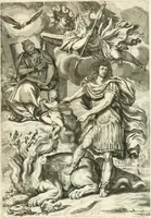 An illustration from Aquila Saxonica : sub qua imperatores Saxones ab Henrico Aucupe, vsquè ad Henricum Sanctum Occidentis imperatorem XV. elogiis, hieroglyphicis, numismatibus, insignibus, symbolis, imaginibus antiquis ad viuum exhibentur exculpti, & longa historiarum serie exarati : vt nihil relictum sit, quod prisci, vel hodierni habeant annales, sed diplomata, leges, indulta, genealogiae, donationes, priuilegia offeruntur congesta : accedit cuique Caesarum tractatus sacrolegalis & historicopoliticus ... (1673)