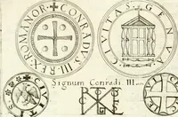 An illustration from Aquila Sueua, sub qua imperatores Sueui a Conrado III vsquè ad Conradum IV Occidentis imperatorem XXVII : elogiis, hieroglyphicis, numismatibus, insignibus, symbolis, imaginibus antiquis ad viuum exhibentur exculpti, & longa historiarum serie exarati : vt nihil relictum sit, quod prisci vel hodierni habeant annales, sed diplomata, leges, indulta, genealogiae, donationes, priuilegia offeruntur congesta : inseruntur et regum principumque imagines, nummi honorarij, castrenses, triumphales, votiui, missiles, &c. qui sanguine, foedere, bello Imperatoribus iuncti, occurrunt in opere : accedit cuique caesarum tractatus sacrolegalis & historicopoliticus ... (1679)