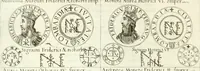 An illustration from Aquila Sueua, sub qua imperatores Sueui a Conrado III vsquè ad Conradum IV Occidentis imperatorem XXVII : elogiis, hieroglyphicis, numismatibus, insignibus, symbolis, imaginibus antiquis ad viuum exhibentur exculpti, & longa historiarum serie exarati : vt nihil relictum sit, quod prisci vel hodierni habeant annales, sed diplomata, leges, indulta, genealogiae, donationes, priuilegia offeruntur congesta : inseruntur et regum principumque imagines, nummi honorarij, castrenses, triumphales, votiui, missiles, &c. qui sanguine, foedere, bello Imperatoribus iuncti, occurrunt in opere : accedit cuique caesarum tractatus sacrolegalis & historicopoliticus ... (1679)