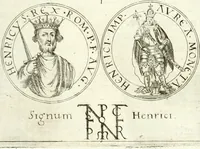 An illustration from Aquila Sueua, sub qua imperatores Sueui a Conrado III vsquè ad Conradum IV Occidentis imperatorem XXVII : elogiis, hieroglyphicis, numismatibus, insignibus, symbolis, imaginibus antiquis ad viuum exhibentur exculpti, & longa historiarum serie exarati : vt nihil relictum sit, quod prisci vel hodierni habeant annales, sed diplomata, leges, indulta, genealogiae, donationes, priuilegia offeruntur congesta : inseruntur et regum principumque imagines, nummi honorarij, castrenses, triumphales, votiui, missiles, &c. qui sanguine, foedere, bello Imperatoribus iuncti, occurrunt in opere : accedit cuique caesarum tractatus sacrolegalis & historicopoliticus ... (1679)