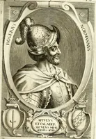 An illustration from Aquila Sueua, sub qua imperatores Sueui a Conrado III vsquè ad Conradum IV Occidentis imperatorem XXVII : elogiis, hieroglyphicis, numismatibus, insignibus, symbolis, imaginibus antiquis ad viuum exhibentur exculpti, & longa historiarum serie exarati : vt nihil relictum sit, quod prisci vel hodierni habeant annales, sed diplomata, leges, indulta, genealogiae, donationes, priuilegia offeruntur congesta : inseruntur et regum principumque imagines, nummi honorarij, castrenses, triumphales, votiui, missiles, &c. qui sanguine, foedere, bello Imperatoribus iuncti, occurrunt in opere : accedit cuique caesarum tractatus sacrolegalis & historicopoliticus ... (1679)