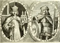 An illustration from Aquila Sueua, sub qua imperatores Sueui a Conrado III vsquè ad Conradum IV Occidentis imperatorem XXVII : elogiis, hieroglyphicis, numismatibus, insignibus, symbolis, imaginibus antiquis ad viuum exhibentur exculpti, & longa historiarum serie exarati : vt nihil relictum sit, quod prisci vel hodierni habeant annales, sed diplomata, leges, indulta, genealogiae, donationes, priuilegia offeruntur congesta : inseruntur et regum principumque imagines, nummi honorarij, castrenses, triumphales, votiui, missiles, &c. qui sanguine, foedere, bello Imperatoribus iuncti, occurrunt in opere : accedit cuique caesarum tractatus sacrolegalis & historicopoliticus ... (1679)
