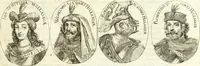 An illustration from Aquila vaga, sub qua ex diuersis nationibus et familijs a VVilhelmo Hollando vsquè ad Sigismundum Lutzelburgium occidentis imperatorem XXXIX. elogijs, hieroglyphicis, numismatibus, insignibus, symbolis, imaginibus antiquis ad viuum exhibentur exculpti, & longa historiarum serie exarati ... (1679)