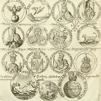 An illustration from Aquila vaga, sub qua ex diuersis nationibus et familijs a VVilhelmo Hollando vsquè ad Sigismundum Lutzelburgium occidentis imperatorem XXXIX. elogijs, hieroglyphicis, numismatibus, insignibus, symbolis, imaginibus antiquis ad viuum exhibentur exculpti, & longa historiarum serie exarati ... (1679)