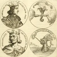 An illustration from Aquila vaga, sub qua ex diuersis nationibus et familijs a VVilhelmo Hollando vsquè ad Sigismundum Lutzelburgium occidentis imperatorem XXXIX. elogijs, hieroglyphicis, numismatibus, insignibus, symbolis, imaginibus antiquis ad viuum exhibentur exculpti, & longa historiarum serie exarati ... (1679)