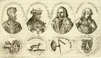 An illustration from Aquila vaga, sub qua ex diuersis nationibus et familijs a VVilhelmo Hollando vsquè ad Sigismundum Lutzelburgium occidentis imperatorem XXXIX. elogijs, hieroglyphicis, numismatibus, insignibus, symbolis, imaginibus antiquis ad viuum exhibentur exculpti, & longa historiarum serie exarati ... (1679)
