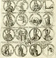 An illustration from Aquila vaga, sub qua ex diuersis nationibus et familijs a VVilhelmo Hollando vsquè ad Sigismundum Lutzelburgium occidentis imperatorem XXXIX. elogijs, hieroglyphicis, numismatibus, insignibus, symbolis, imaginibus antiquis ad viuum exhibentur exculpti, & longa historiarum serie exarati ... (1679)