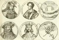 An illustration from Aquila vaga, sub qua ex diuersis nationibus et familijs a VVilhelmo Hollando vsquè ad Sigismundum Lutzelburgium occidentis imperatorem XXXIX. elogijs, hieroglyphicis, numismatibus, insignibus, symbolis, imaginibus antiquis ad viuum exhibentur exculpti, & longa historiarum serie exarati ... (1679)