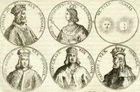 An illustration from Aquila vaga, sub qua ex diuersis nationibus et familijs a VVilhelmo Hollando vsquè ad Sigismundum Lutzelburgium occidentis imperatorem XXXIX. elogijs, hieroglyphicis, numismatibus, insignibus, symbolis, imaginibus antiquis ad viuum exhibentur exculpti, & longa historiarum serie exarati ... (1679)