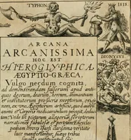 An illustration from Arcana arcanissima, hoc est, Hieroglyphica aegyptio-graeca : vulgo necdum cognita, ad demonstrandam falsorum apud antiquos deorum, dearum, heroum, animantium, & institutorum pro sacris receptorum, originem, ex vno Aegyptiorum artificio, quod aureu animi et corporis medicamentum peregit, deductam, vnde tot poëtarum allegoriae, scriptorum narrationes fabulosae et per totam encyclopaediam errores sparsi clarissima veritatis luce manifestantur, suaeq[ue] tribui singula restituuntur, sex libris exposita (1614)