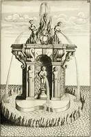 An illustration from Architectura curiosa nova, exponens 1. Fundamenta hydragogica, indolemq[ue] aquæ, aëris interventu in altum levandæ. 2. Varios aquarum ac salientium fontium lusus per varia spectatu jucunda epistomiorum seu siphonum genera. 3. Magnum amnissimorum fontium, machinarumq[ue] aquæductoriarum sumtu magno exstructarum, ac per Italiam, Britanniam, Germaniam &c. visendarum, numerum. 4. Specus artificiales sumtuosissimas, cum plerisq[ue] principum europæorum palatiis, hortis, aulis; nec non præcipuis monasteriis atq[ue] arcibus. 5. Cum auctario figurarum elegantissimarum, ad hortorum topiaria vario ductù dividenda, nec non conclavium laquearibus ac pavimentis segmentandis, itemq[ue] labyrinthis construendis, adhibendarum. Omnia 200 æri incisis... descripta (1664)