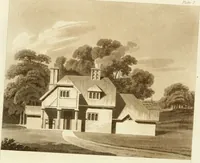 An illustration from Architectural designs for rustic cottages, picturesque dwellings, villas, &c. : with appropriate scenery, plans and descriptions : to which are prefixed, some critical observations on their style and character : and also of castles, abbies, and ancient English houses, concluding with practical remarks on building, and the causes of the dry rot (1807)