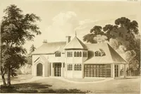 An illustration from Architectural designs for rustic cottages, picturesque dwellings, villas, &c. : with appropriate scenery, plans and descriptions : to which are prefixed, some critical observations on their style and character : and also of castles, abbies, and ancient English houses, concluding with practical remarks on building, and the causes of the dry rot (1807)