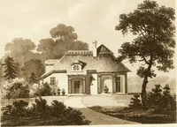 An illustration from Architectural sketches for cottages, rural dwellings, and villas, in the Grecian, Gothic, and fancy styles : with plans suitable to persons of genteel life and moderate fortune : preceded by some observations on scenery and character proper for picturesque buildings (1805)
