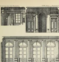 An illustration from Architecture, décoration et ameublement pendant le dix-huitième siècle, Régence - Louis XV. Symétrie et asymétrie proportions légères et courbes capricieuses (1900)