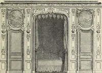 An illustration from Architecture, décoration et ameublement pendant le dix-huitième siècle, Régence - Louis XV. Symétrie et asymétrie proportions légères et courbes capricieuses (1900)