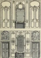 An illustration from Architecture, décoration et ameublement pendant le dix-huitième siècle, Régence - Louis XV. Symétrie et asymétrie proportions légères et courbes capricieuses (1900)