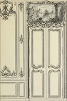 An illustration from Architecture, décoration et ameublement pendant le dix-huitième siècle, Régence - Louis XV. Symétrie et asymétrie proportions légères et courbes capricieuses (1900)