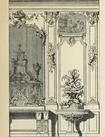 An illustration from Architecture, décoration et ameublement pendant le dix-huitième siècle, Régence - Louis XV. Symétrie et asymétrie proportions légères et courbes capricieuses (1900)