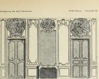 An illustration from Architecture, décoration et ameublement pendant le dix-huitième siècle, Régence - Louis XV. Symétrie et asymétrie proportions légères et courbes capricieuses (1900)
