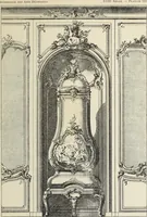 An illustration from Architecture, décoration et ameublement pendant le dix-huitième siècle, Régence - Louis XV. Symétrie et asymétrie proportions légères et courbes capricieuses (1900)