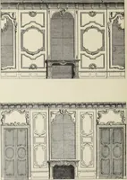 An illustration from Architecture, décoration et ameublement pendant le dix-huitième siècle, Régence - Louis XV. Symétrie et asymétrie proportions légères et courbes capricieuses (1900)