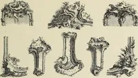 An illustration from Architecture, décoration et ameublement pendant le dix-huitième siècle, Régence - Louis XV. Symétrie et asymétrie proportions légères et courbes capricieuses (1900)
