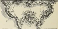 An illustration from Architecture, décoration et ameublement pendant le dix-huitième siècle, Régence - Louis XV. Symétrie et asymétrie proportions légères et courbes capricieuses (1900)