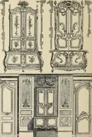 An illustration from Architecture, décoration et ameublement pendant le dix-huitième siècle, Régence - Louis XV. Symétrie et asymétrie proportions légères et courbes capricieuses (1900)