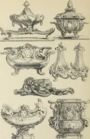 An illustration from Architecture, décoration et ameublement pendant le dix-huitième siècle, Régence - Louis XV. Symétrie et asymétrie proportions légères et courbes capricieuses (1900)