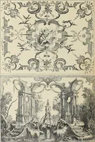 An illustration from Architecture, décoration et ameublement pendant le dix-huitième siècle, Régence - Louis XV. Symétrie et asymétrie proportions légères et courbes capricieuses (1900)