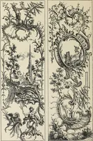 An illustration from Architecture, décoration et ameublement pendant le dix-huitième siècle, Régence - Louis XV. Symétrie et asymétrie proportions légères et courbes capricieuses (1900)