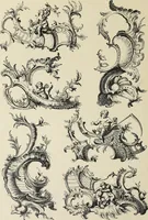 An illustration from Architecture, décoration et ameublement pendant le dix-huitième siècle, Régence - Louis XV. Symétrie et asymétrie proportions légères et courbes capricieuses (1900)