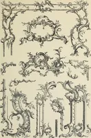 An illustration from Architecture, décoration et ameublement pendant le dix-huitième siècle, Régence - Louis XV. Symétrie et asymétrie proportions légères et courbes capricieuses (1900)