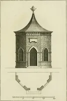 An illustration from Architecture improved, in a collection of modern, elegant and useful designs : from slight and graceful recesses, lodges and other decorations in parks, gardens, woods or forests, to the portico, bath, observatory, and interior ornaments of superb buildings : with great variety of rich embellishments for chimneys in the taste of Inigo Jones, Mr. Kent, &c. : all curiously engraved on fifty copper-plates, octavo (1755)
