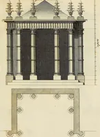 An illustration from Gothic architecture, improved by rules and proportions : in many grand designs of columns, doors, windows, chimney-pieces, arcades, colonades, porticos, umbrellos, temples and pavillions &c. : with plans, elevations and profiles (1747)
