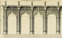 An illustration from Gothic architecture, improved by rules and proportions : in many grand designs of columns, doors, windows, chimney-pieces, arcades, colonades, porticos, umbrellos, temples and pavillions &c. : with plans, elevations and profiles (1747)
