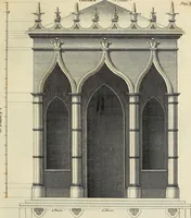 An illustration from Gothic architecture, improved by rules and proportions : in many grand designs of columns, doors, windows, chimney-pieces, arcades, colonades, porticos, umbrellos, temples and pavillions &c. : with plans, elevations and profiles (1747)