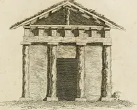 An illustration from Grotesque architecture, or, Rural amusement : consisting of plans, elevations, and sections, for huts, retreats, summer and winter hermitages, terminaries, Chinese, Gothic, and natural grottos, cascades, baths, mosques, Moresque pavilions, grotesque and rustic seats, green-houses, &c. many of which may be executed with flints, irregular sotnes, rude branches, and roots of trees : the whole containing twenty-eight new designs, with scales to each : to which is added, an explanation, with the methods of executing them (1815)
