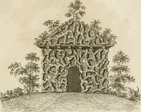 An illustration from Grotesque architecture, or, Rural amusement : consisting of plans, elevations, and sections, for huts, retreats, summer and winter hermitages, terminaries, Chinese, Gothic, and natural grottos, cascades, baths, mosques, Moresque pavilions, grotesque and rustic seats, green-houses, &c. many of which may be executed with flints, irregular sotnes, rude branches, and roots of trees : the whole containing twenty-eight new designs, with scales to each : to which is added, an explanation, with the methods of executing them (1815)