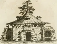 An illustration from Grotesque architecture, or, Rural amusement : consisting of plans, elevations, and sections, for huts, retreats, summer and winter hermitages, terminaries, Chinese, Gothic, and natural grottos, cascades, baths, mosques, Moresque pavilions, grotesque and rustic seats, green-houses, &c. many of which may be executed with flints, irregular sotnes, rude branches, and roots of trees : the whole containing twenty-eight new designs, with scales to each : to which is added, an explanation, with the methods of executing them (1815)