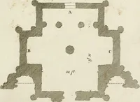 An illustration from Grotesque architecture, or, Rural amusement : consisting of plans, elevations, and sections, for huts, retreats, summer and winter hermitages, terminaries, Chinese, Gothic, and natural grottos, cascades, baths, mosques, Moresque pavilions, grotesque and rustic seats, green-houses, &c. many of which may be executed with flints, irregular sotnes, rude branches, and roots of trees : the whole containing twenty-eight new designs, with scales to each : to which is added, an explanation, with the methods of executing them (1815)