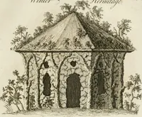 An illustration from Grotesque architecture, or, Rural amusement : consisting of plans, elevations, and sections, for huts, retreats, summer and winter hermitages, terminaries, Chinese, Gothic, and natural grottos, cascades, baths, mosques, Moresque pavilions, grotesque and rustic seats, green-houses, &c. many of which may be executed with flints, irregular sotnes, rude branches, and roots of trees : the whole containing twenty-eight new designs, with scales to each : to which is added, an explanation, with the methods of executing them (1815)