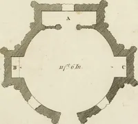 An illustration from Grotesque architecture, or, Rural amusement : consisting of plans, elevations, and sections, for huts, retreats, summer and winter hermitages, terminaries, Chinese, Gothic, and natural grottos, cascades, baths, mosques, Moresque pavilions, grotesque and rustic seats, green-houses, &c. many of which may be executed with flints, irregular sotnes, rude branches, and roots of trees : the whole containing twenty-eight new designs, with scales to each : to which is added, an explanation, with the methods of executing them (1815)