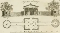 An illustration from Grotesque architecture, or, Rural amusement : consisting of plans, elevations, and sections, for huts, retreats, summer and winter hermitages, terminaries, Chinese, Gothic, and natural grottos, cascades, baths, mosques, Moresque pavilions, grotesque and rustic seats, green-houses, &c. many of which may be executed with flints, irregular sotnes, rude branches, and roots of trees : the whole containing twenty-eight new designs, with scales to each : to which is added, an explanation, with the methods of executing them (1815)