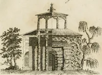 An illustration from Grotesque architecture, or, Rural amusement : consisting of plans, elevations, and sections, for huts, retreats, summer and winter hermitages, terminaries, Chinese, Gothic, and natural grottos, cascades, baths, mosques, Moresque pavilions, grotesque and rustic seats, green-houses, &c. many of which may be executed with flints, irregular sotnes, rude branches, and roots of trees : the whole containing twenty-eight new designs, with scales to each : to which is added, an explanation, with the methods of executing them (1815)
